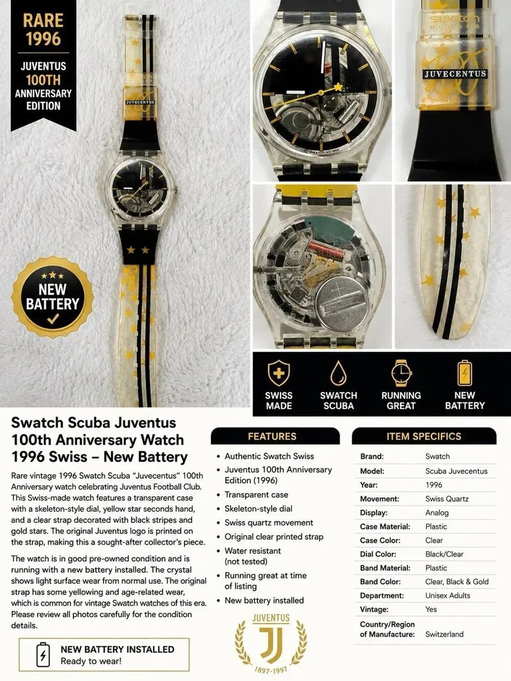 Swatch Juventus 100th Anniversary Watch 1996 Swiss Clear Skeleton New Battery